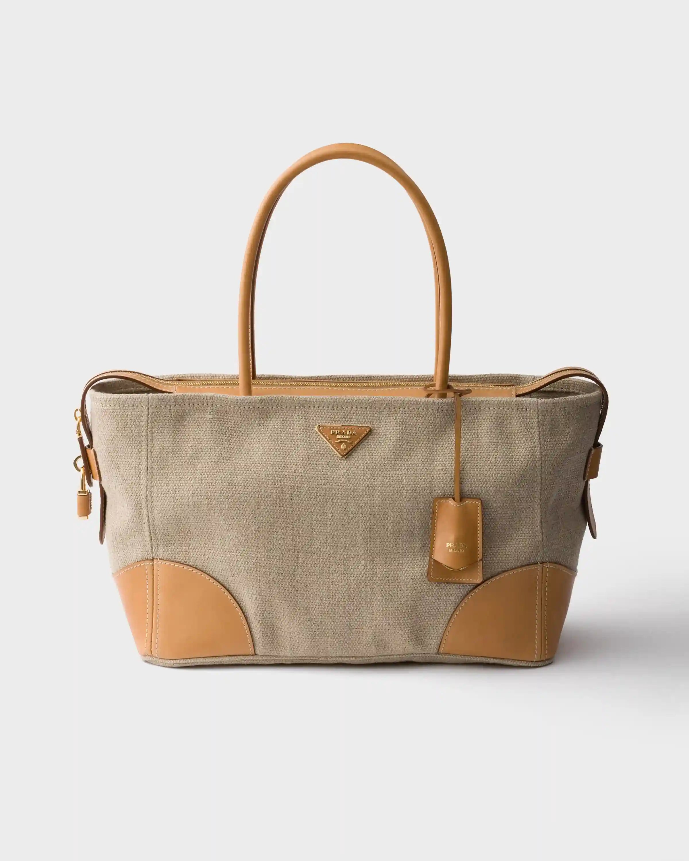 Large linen and leather tote bag