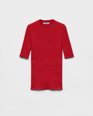 Short-sleeved ribbed knit wool sweater