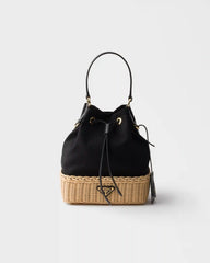 Wicker and canvas bucket bag