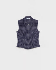Sleeveless polka-dot marocain silk shirt