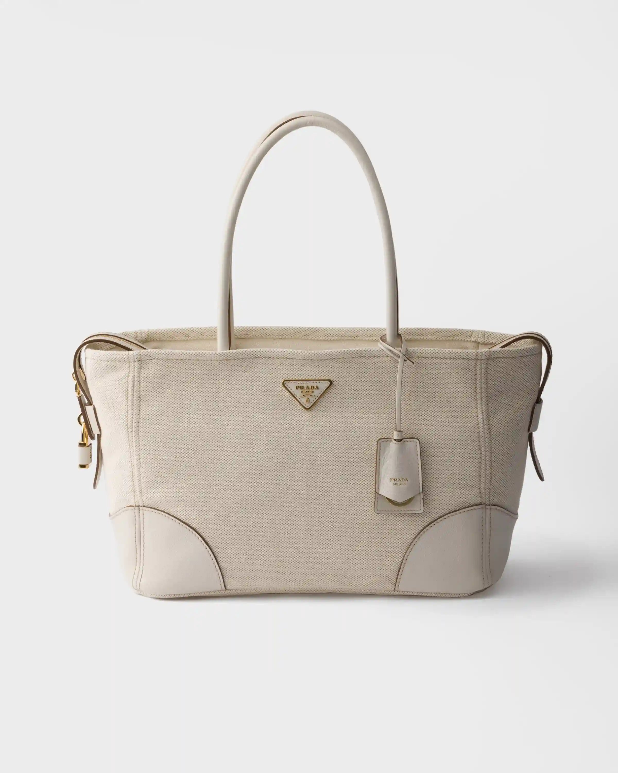 Large linen blend and leather tote bag