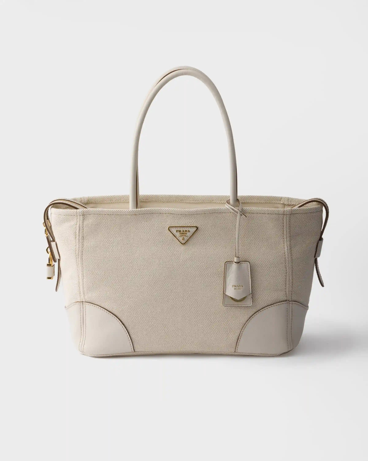 Large linen blend and leather tote bag
