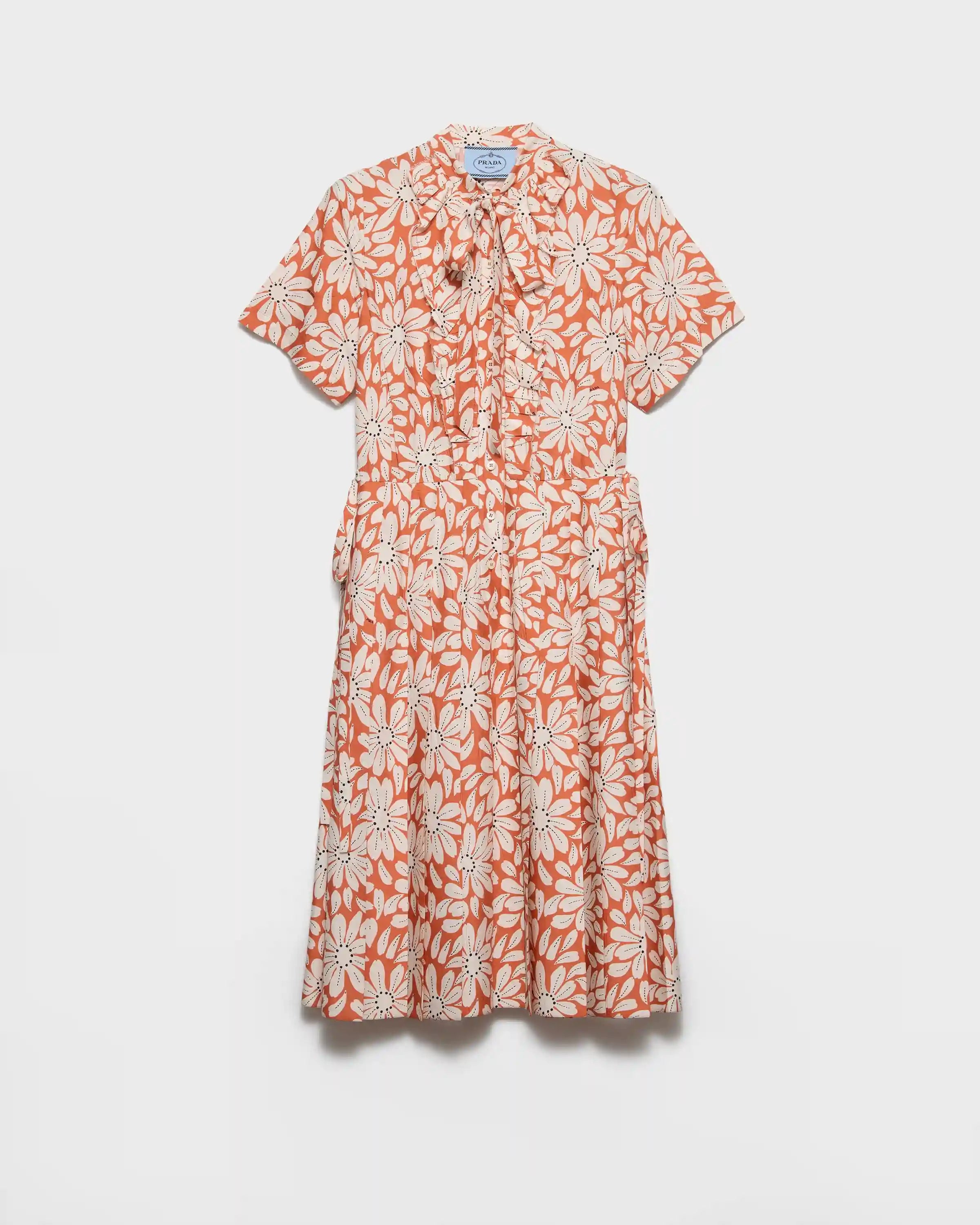 Printed pleated pongÃ© dress